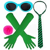 Auge Mara Halloween Green Costume Accessories Set with Blue Sunglasses, Long Gloves, Striped Tie, Pink Pom Pom, Party Dress Up Kit (4Pcs)