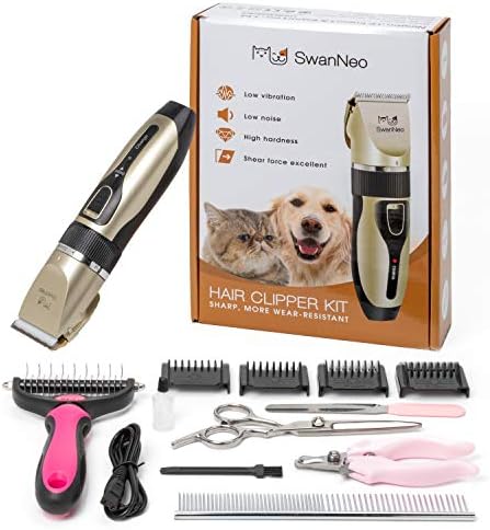 SwanNeo Dog Grooming kit Small Dogs – Low Noise Rechargable Cordless Dog Cat Hair Shaver Clippers Set Dematting Comb and Hair Cutting Scissors kit with Comb Guides Dog Comb and Nail Clipper