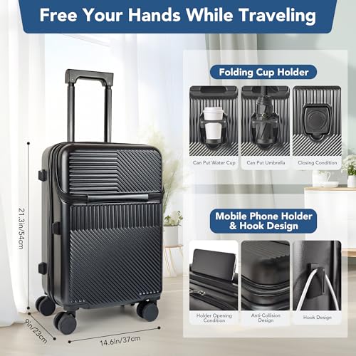 Carry On Luggage, 20 Inch Hardside Luggage, Carry On Suitcase with Front Open Laptop Compartment and Pocket, with Combination Lock, 4 Spinner Wheels, Cup Holder, USB Port, Hook (a-White)