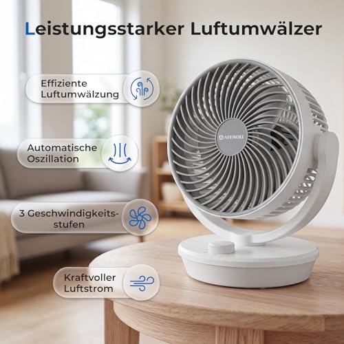 Aeroll Fan Quiet, Table Fan, 3D Turbo Air Circulator with 3 Speed Levels, 130° Vertical & 100° Horizontal Oscillation, Quiet Table Fan for Living Room and Desks