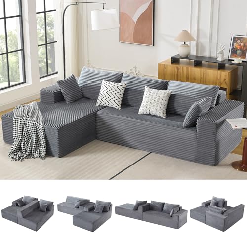 WUTUTUEE 110" Boneless Sectional Couch with Chaise Lounge, Cloud Couch Compressed Sofa L Shape, No Assembly Memory Foam Sofa for Living Room, Grey Corduroy