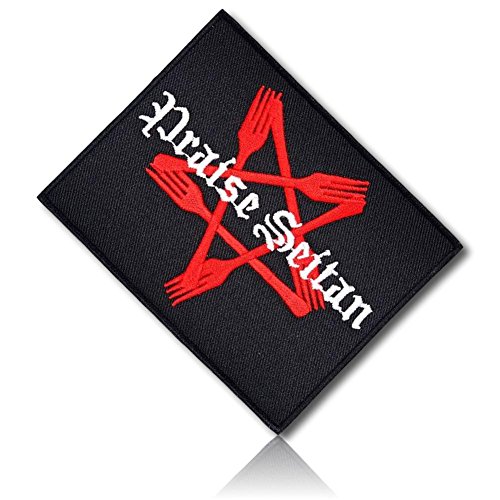 [1 Count Single] Custom and Unique (3" x 3.8" Inch) Rectangle Popular Culture Praise Seitan Devil Worshiper Fork Utensil Pentagram Design Iron On Embroidered Applique Patch {Black, Red, White}