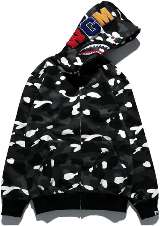 Fashion Shark Zip Hoodie Sweatshirt Casual Coat Outdoor Hip-Hop Funny Tops (Blackcamo, XXL)