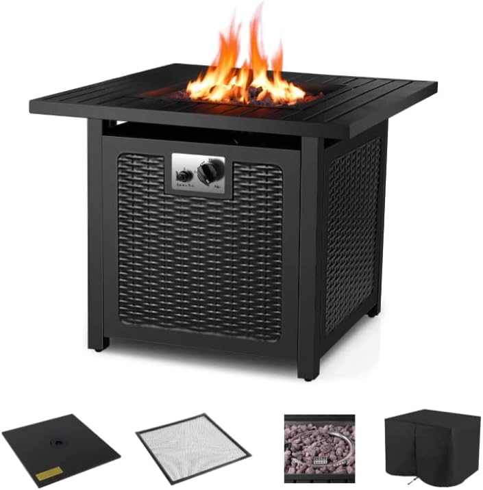 TLGREEN 28" Gas Fire Pit Table, 14.5 kW with Cover & Lava Stones