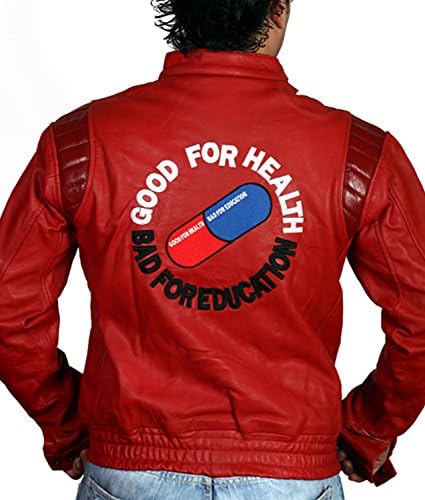 ZARAR Akira Kaneda Good For Health Bad For Education Mens Red Biker Jacket Motorcycle Patch Paded Costume (M, Red)