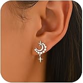 Moon Star Earrings for Women, S925 Sterling Silver CZ Crescent Studs Earrings for Mother Daughter Trendy Sparkling Starburst Drop Dangle Earrings Hypoallergenic Jewelry Valentine's Day Birthday Gifts