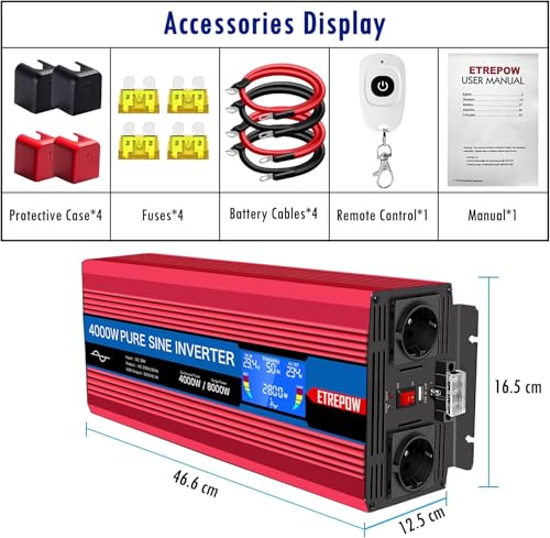 ETREPOW 4000W Converter 24v 220v Pure Sine Transformer-2 EU AC & USB Sockets, Wireless Remote Control and LCD Screen Inverter for Solar Systems, Car, Camping, Travel