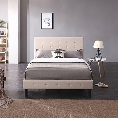 Cambridge Upholstered Wooden Platform Bed Frame with Headboard, King, Linen