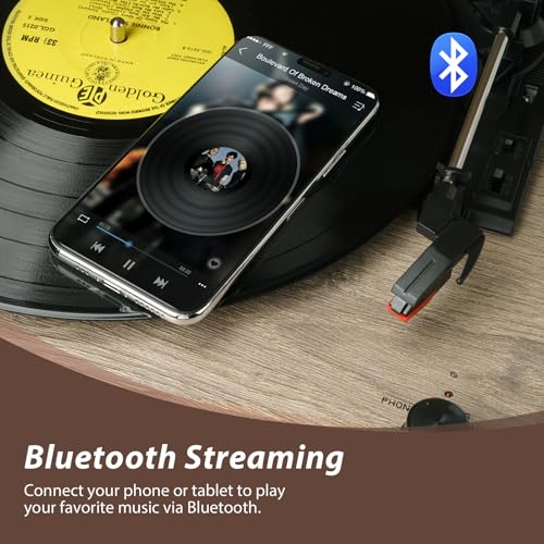 3 Speed Turntable, Bluetooth Disc Turner with Built-in Speakers and Detachable Legs, USB Playback and Vinyl USB Recorder, Oatmeal