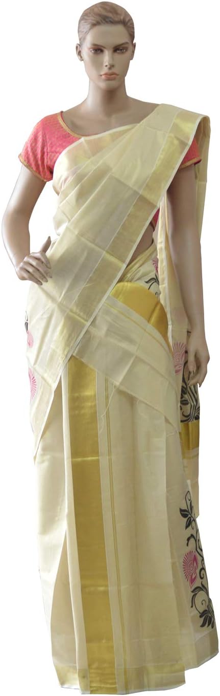 Southloom Women's Kasavu Cotton & Art Silk Saree (VIKPPLCT-2015F_Golden)