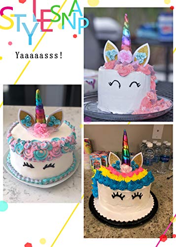 Unicorn Cake Topper Handmade Iridescent Unicorn Horn Ears and Flowers Cake Decor(Rainbow Color) - Thumbnail 5