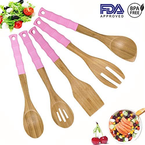 Bamboo Kitchen Utensils Set, Cooking Spoons Utensils 5 Piece, Pink Silicone Handle Natural Bamboo Nonstick Spatula Sets Kitchen Tools