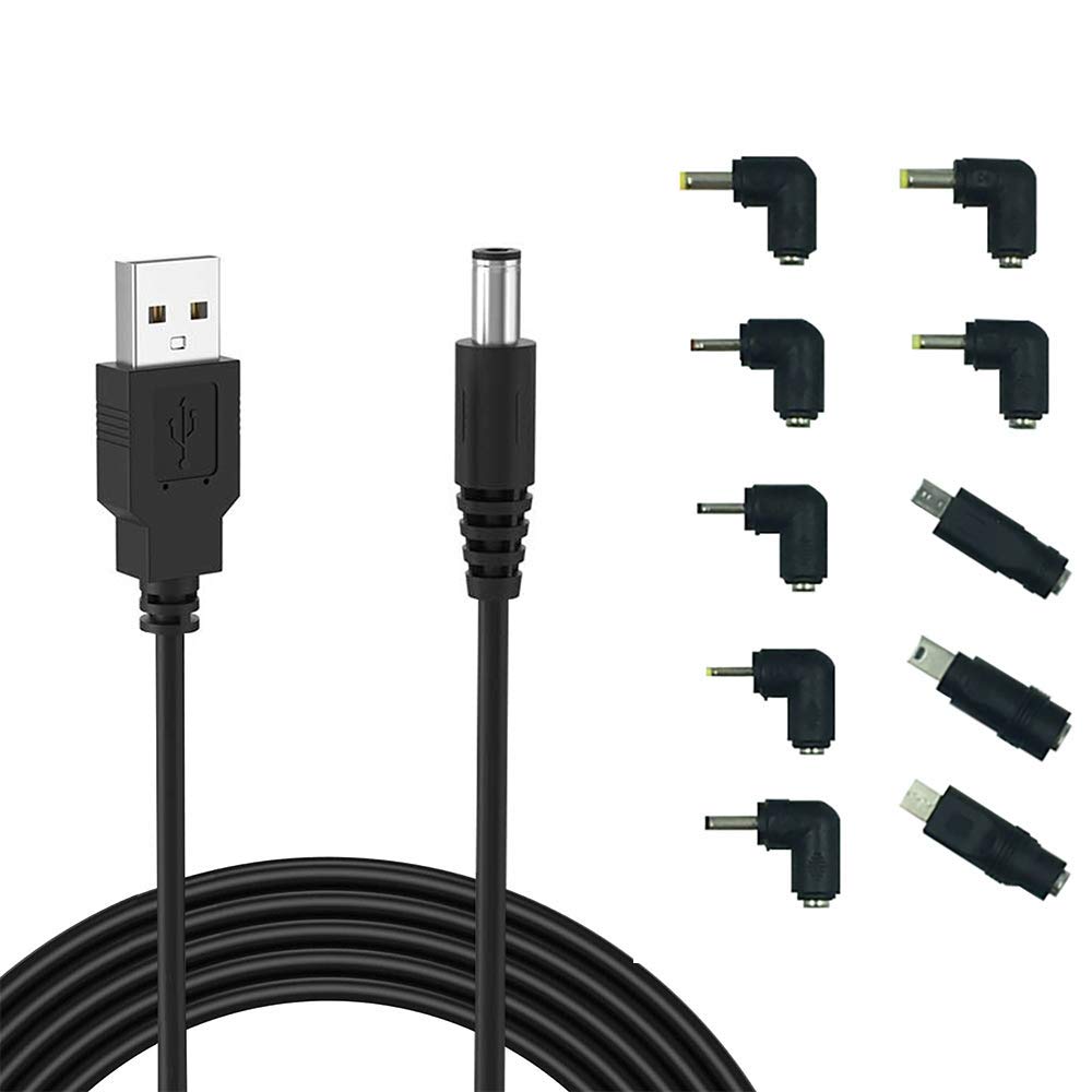 LIANSUM USB to DC 5V Power Cord, Universal DC 5.5x2.1mm Plug Jack Charging Cable with 10 Connector Tips(5.5x2.5, 4.8x1.7, 4.0x1.7, 4.0x1.35, 3.5x1.35, 3.0x1.1, 2.5x0.7, Micro USB, Type-C, Mini USB)5FT
