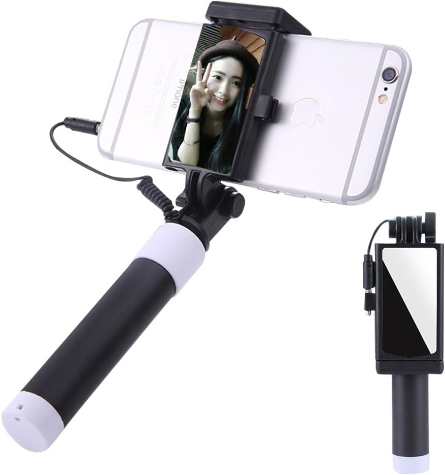 Aeeque Mini Selfie Stick, Compact Handheld Monopod Universal Wired Selfie Stick with HD Rearview Mirror for iPhone 5 SE/ 6 6S/ 7 8 Plus/Samsung Galaxy S8 S7 S6 Edge/ J3 J5 2017 - Black