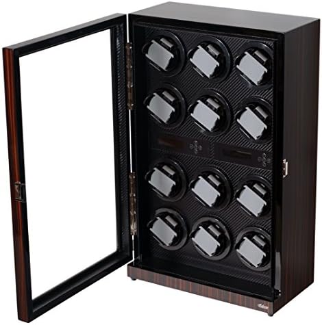 Watch Winder Ebony Wood W/LCD Display For Automatic Watches. (Ebony/Carbon Fiber W12)