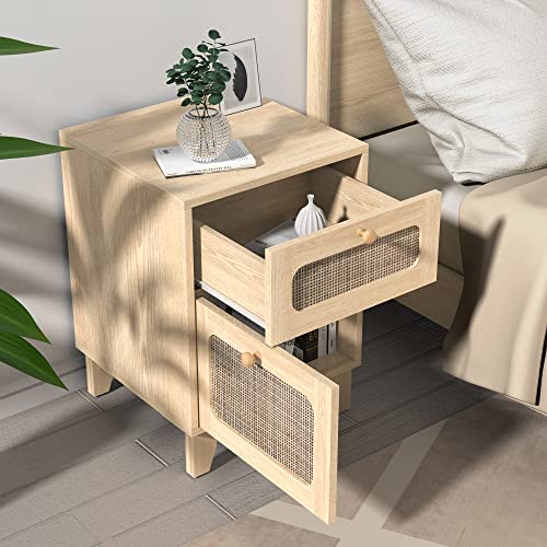 Betterhood Rattan Nightstand Set of 2, Boho Side Table with Handmade