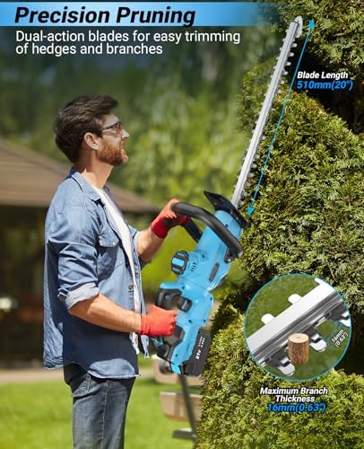 Cortasetos Bateria, LEEIKOO Cortasetos Eléctrico con 4.0Ah Bateria, 180° Ajustable Podadora, 51 cm Longitud Hoja, 16 mm Espacio Entre Dientes, Cubierta Cuchillas para Setos, Ramas, Arbustos, Ramitas