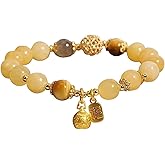Hebelee Yellow Crystals Beaded Bracelets for Women Round Texture Beads Bracelet Gold-Toned Engraved Charms Drop Stretch Hand Chain Faith Jewelry for Daughter