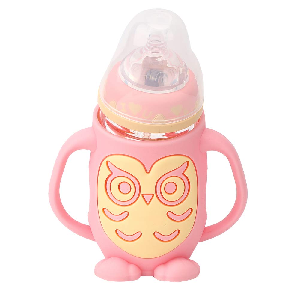 Baby Bottle Baby Feeding Glass,240ML Nursing Bottle for Infant and Newborn with Silicone Handle, Anti-Colic (PINK240ml)