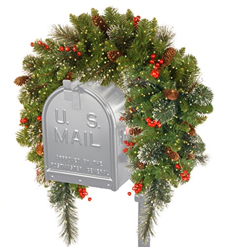 National Tree 30 Inch Crestwood Spruce Mailbox Swag with Cones, Glitter, Red Berries, Silver Bristle and 100 Battery Operated Infinity Lights (CW7-383Y-30M-B)