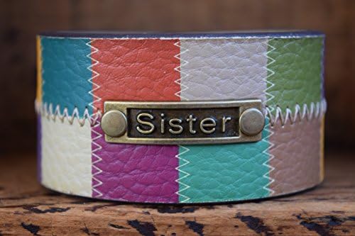 Adjustable Women's Upcycled Colorful Patchwork Leather Cuff Bracelet Riveted with Sister Medallion Boho Jewelry
