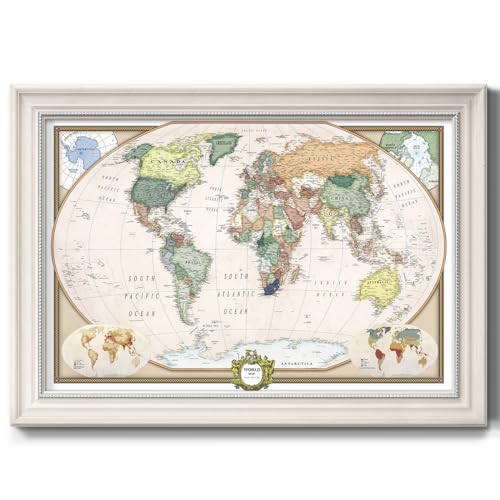 Renditions Gallery Colorful World Map Canvas Wall Art with Modern White Frame W…