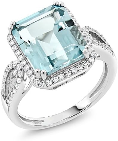 925 Sterling Silver Simulated Aquamarine Women's Ring (5.00 Cttw, Emerald Cut 12X10MM, Available In Size 5,6,7,8,9)