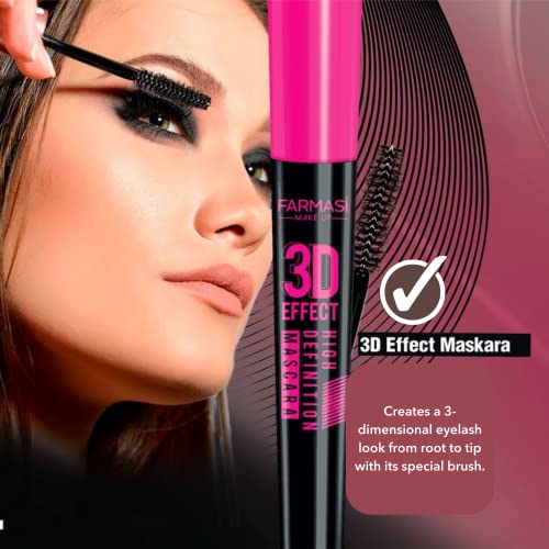 Farmasi 3D Effect High Definition Mascara, Deep Black, Eyelash Volumizer with Smudge Free, No