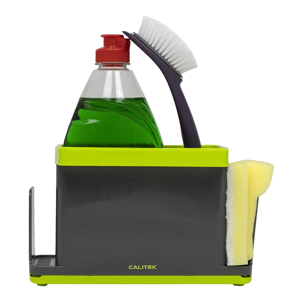 CALITEK Sink Caddy Washing Up Organiser for Sponge Brush Storage Tidy with Removable Drip Tray (Grey/Green)