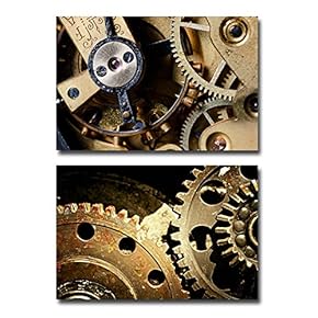 Canvas Prints Wall Art -Mechanical Gears Close Up, Industrial Grunge Background| Modern Home Deoration/Wall Art Giclee Printing Wrapped Canvas Art Ready to Hang - 24"x36" x 2 Panels