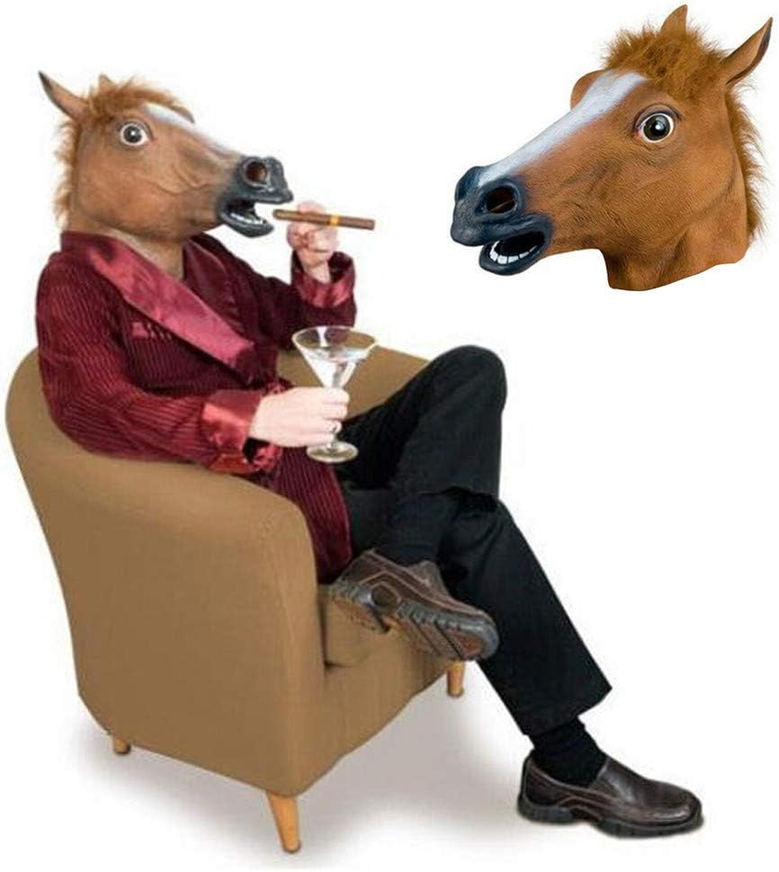Flurries Happy Halloween Latex Mr. Horse Man Face Full Over Head Mask - Realistic Animal Adult Scary Cosplay Costume - Creepy Horror Hood Helmet Bar Party Decoration Props - Trick Or Treat