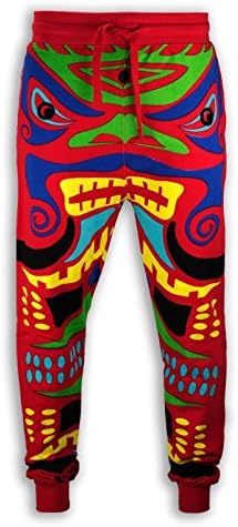NEW Men Fleece Joggers Demon Print Pants Totems Elastic Relaxed Fit ALL SIZES (2XL, Red)