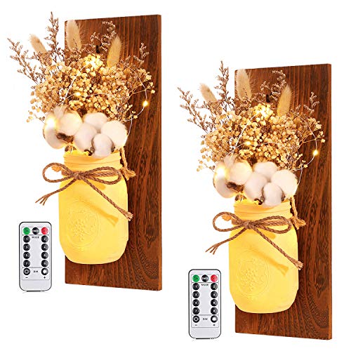 Mason Jar Sconces Wall Decor - Rustic Home Décor - Decorative Jars with Cotton Stems & Baby Breath Flower with Remote Timer LED Fairy Lights for Kitchen Wall Decor Living Room Wall Sconces Set of 2 - Thumbnail 6