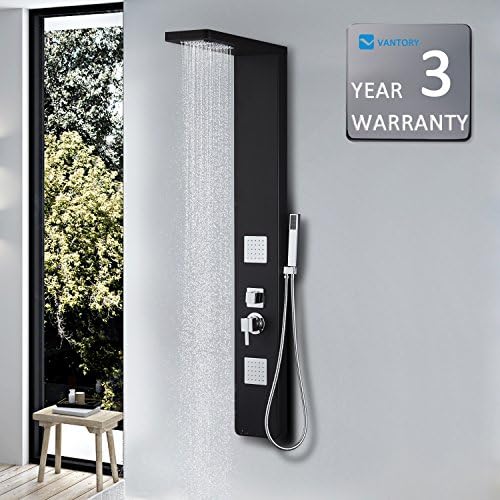 Vantory 59" Aluminum Wall Mount Shower Panel System with 2 Overhead Rainfall Showers, Black Massage Jets and Handheld Shower Head