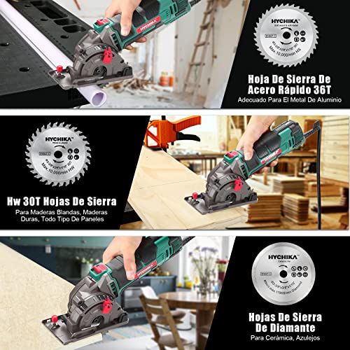 HYCHIKA Mini Manual Circular Saw 500 W 4500 rpm, 3 Saw Blades of 30T, 36T and Diamond, Ideal for Cutting Tiles, Madeira, Macio Metal, Plastic