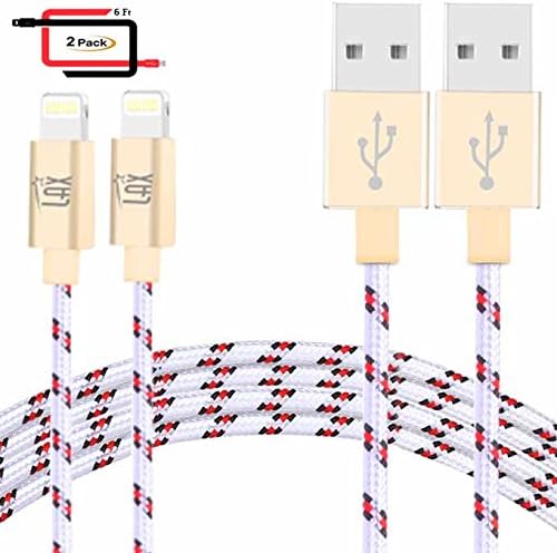 LAX Gadgets Extra Long 2in1 Apple MFi Certified Nylon Lightning Cable Cord | 6 Ft - Cream/Silver (2-Pack) (White)