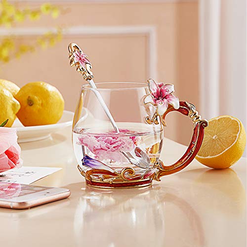 Tea Cup Coffee Mug Cups, Creative Lily Flower Glass Tea Cup, Handmade Tea Mug, Unique Personalized Birthday Present Ideal for Friend Wedding Anniversary Christmas Birthday - 12OZ Pink
