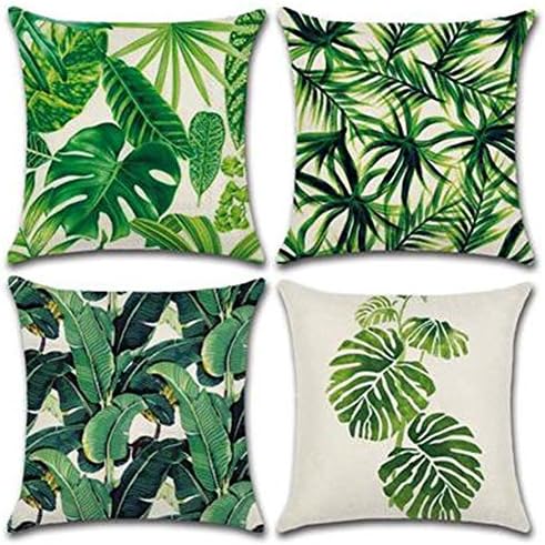 MELOODY Tropical Leaves Spring Throw Pillow Covers Set of 4 Cotton Linen Square Modern Home Patio Outdoor Sofa Decorative Cushion Pillow Cover Case 18 x 18 Inch