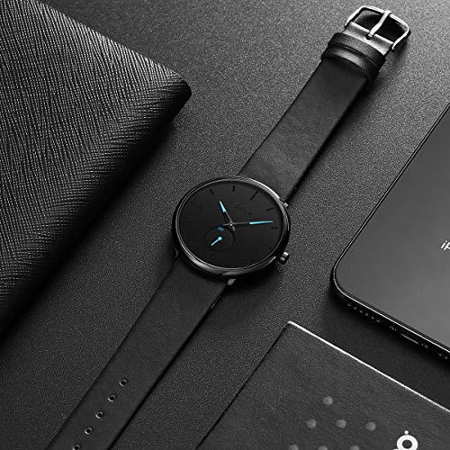 Men's Fashion Watches Ultra-Thin Quartz Analog Wrist Watch 30M Waterproof with Black Leather Band