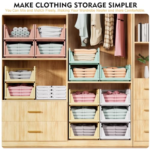 SNSLXH 5 Pack White Stackable Closet Organizer Box, Multifunctional & Foldable Storage Basket for Bathroom, Kitchen, Laundry Room, Wardrobe, Space-Saving Clothes Storage Drawer Organizer