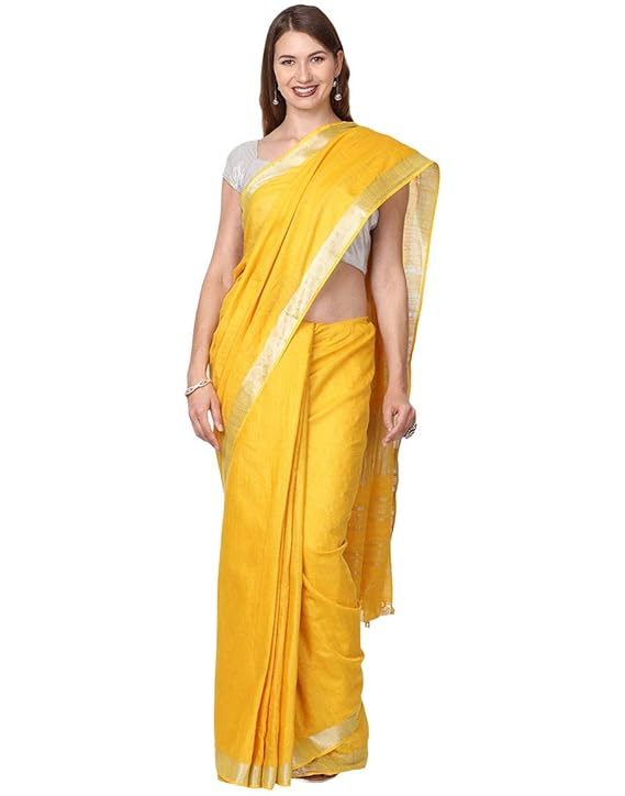 For Womens Bhagalpuri Cotton Slub Haldi Yellow Saree With Plain Zari Border Running Blouse Piece