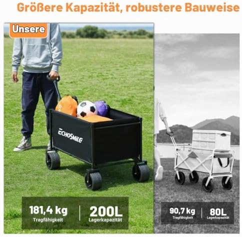 Bollerwagen Faltbar 200L 180KG Belastbar, Handwagen Transportwagen Klappbar mit Verstellbarem Griff, Breite Räder All-Terrain Strandwagen Gartenwagen Einkaufswagen, Schwarz