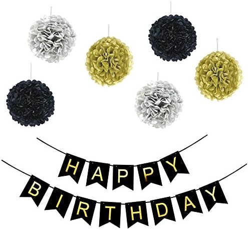 LOCCA Black and Gold Happy Birthday Bunting Banner Sign and Paper Pom Poms for 16, 18th, 21st, 30th, 40th, 50th, 60th, 70th, 75th, 80th, 90th Birthday Party Decorations Supplies Favors (Black)