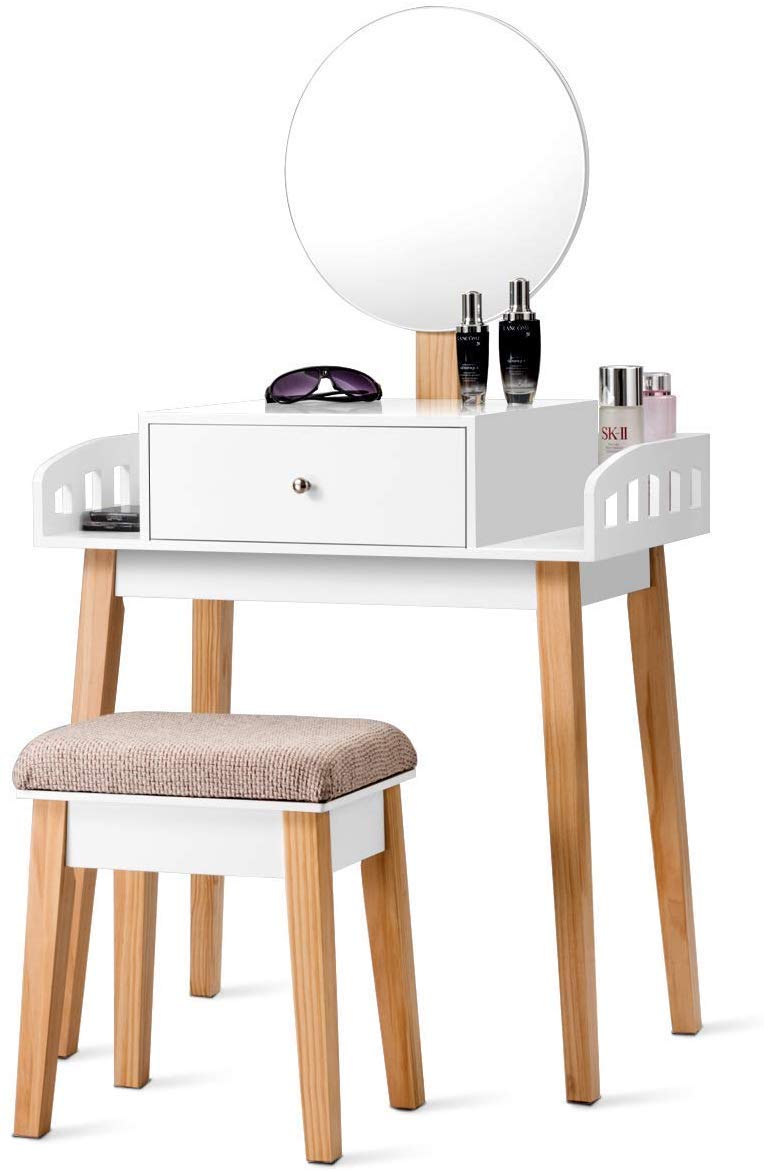 Giantex Vanity Table Set with Height Adjustable Round Mirror, Makeup Mirrored Dressing Table with Cushioned Stool, Side Storage and Large Drawer, Gift Vanities for Women Girls Bedroom (White)