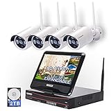All in one with Monitor[Expandable] Wireless Security Camera System WIFI NVR Kit 8CH 1080P NVR 4pcs 960P Indoor Outdoor Bullet IP Camera IR Night Vision Waterproof Plug and Play with 2T Hard Drive
