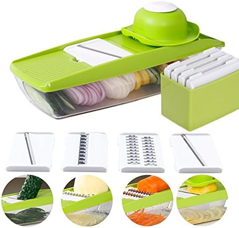 ROMMEKA Mandoline Slicer - 9 in 1 Adjustable Kitchen Slicing Tool with 5 Stainless Steel Interchangeable Blades + Food Container + Safety Food Holder + Butting Board + Blade Storage Box
