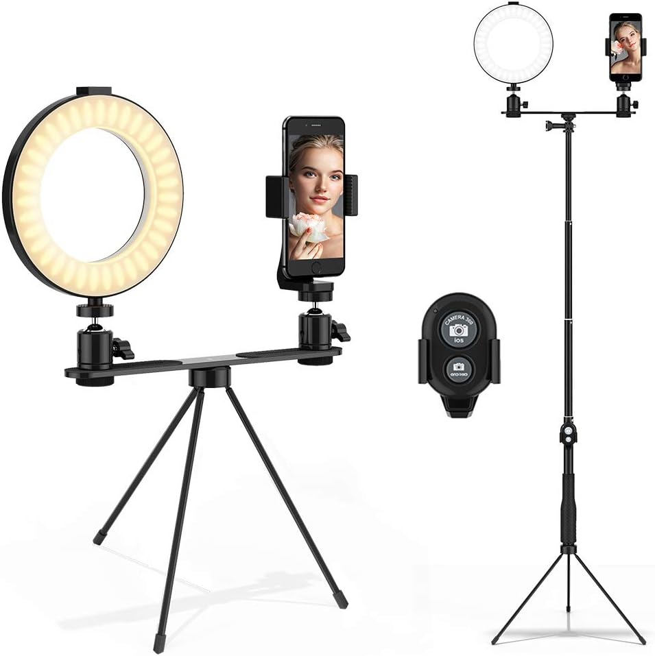 6'' LED Ring Light with Stand Phone Holder Remote, Bicolor Dimmable YouTube Lighting Kit, USB Powered Mini Halo Light for Tabletop Desk Makeup, for iphone Selfie Shooting, Live-Streaming, Video Vlog