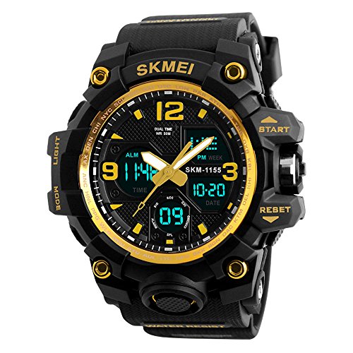 Skmei Outdoor Sports Watches For Men Waterproof Multifunction Dual Time Zones LED Digital Quartz Wristwatches (golden)