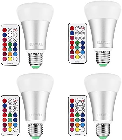 Elewell LED RGBW Colors Changing Or Colors Changable Light Bulbs Colorful Bulbs E26 10W for Furniture and Decor with Remote Pack of 4