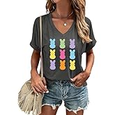 V Neck Easter Shirts for Women Cute Bunny Easter Eggs Graphic T Shirts Colorful Spring Tops Casual Tee
